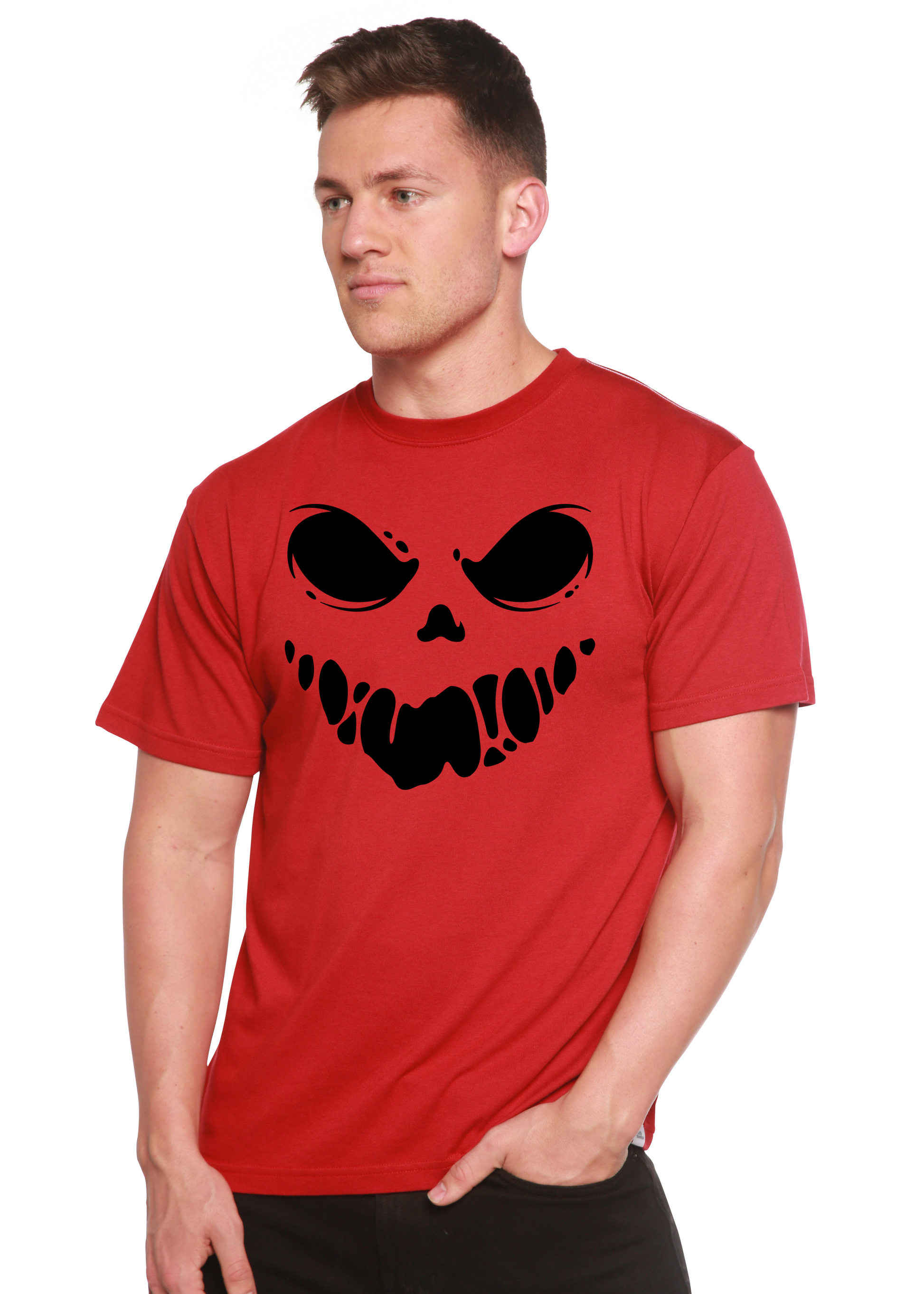 Men's red short sleeve graphic T-shirt with black skull face print