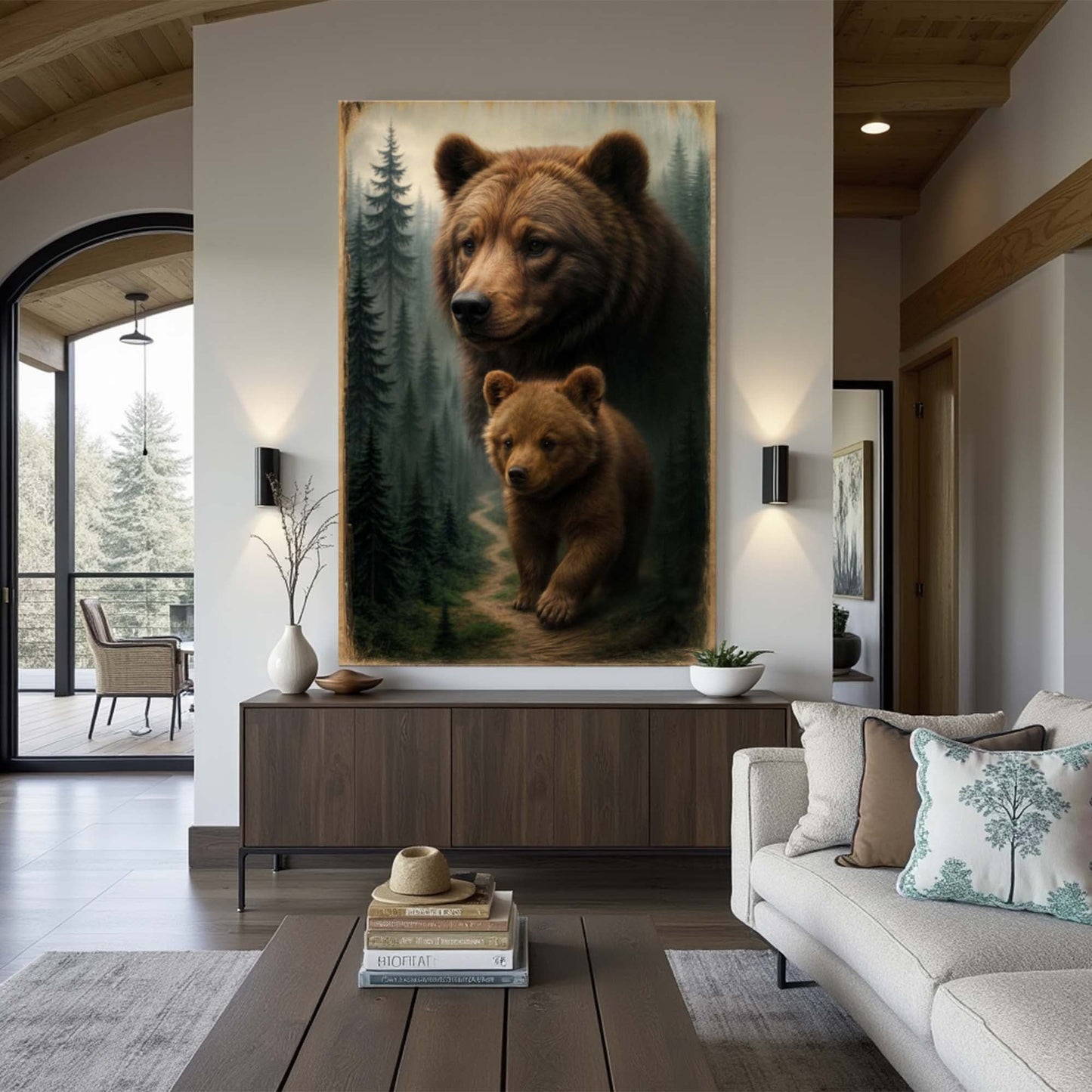 Bear and cub wall art canvas with forest trees and path in muted brown and green