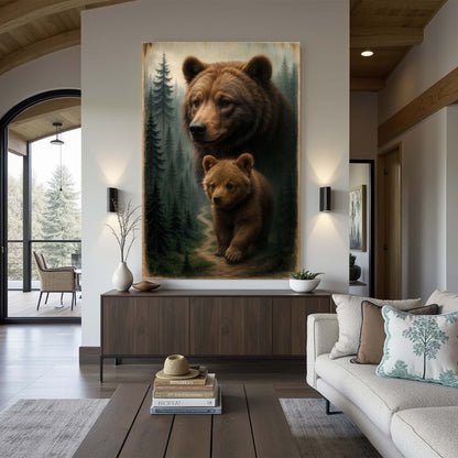Bear and cub wall art canvas with forest trees and path in muted brown and green