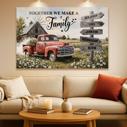 Personalized canvas wall art featuring a red vintage pickup truck in a flower field with names