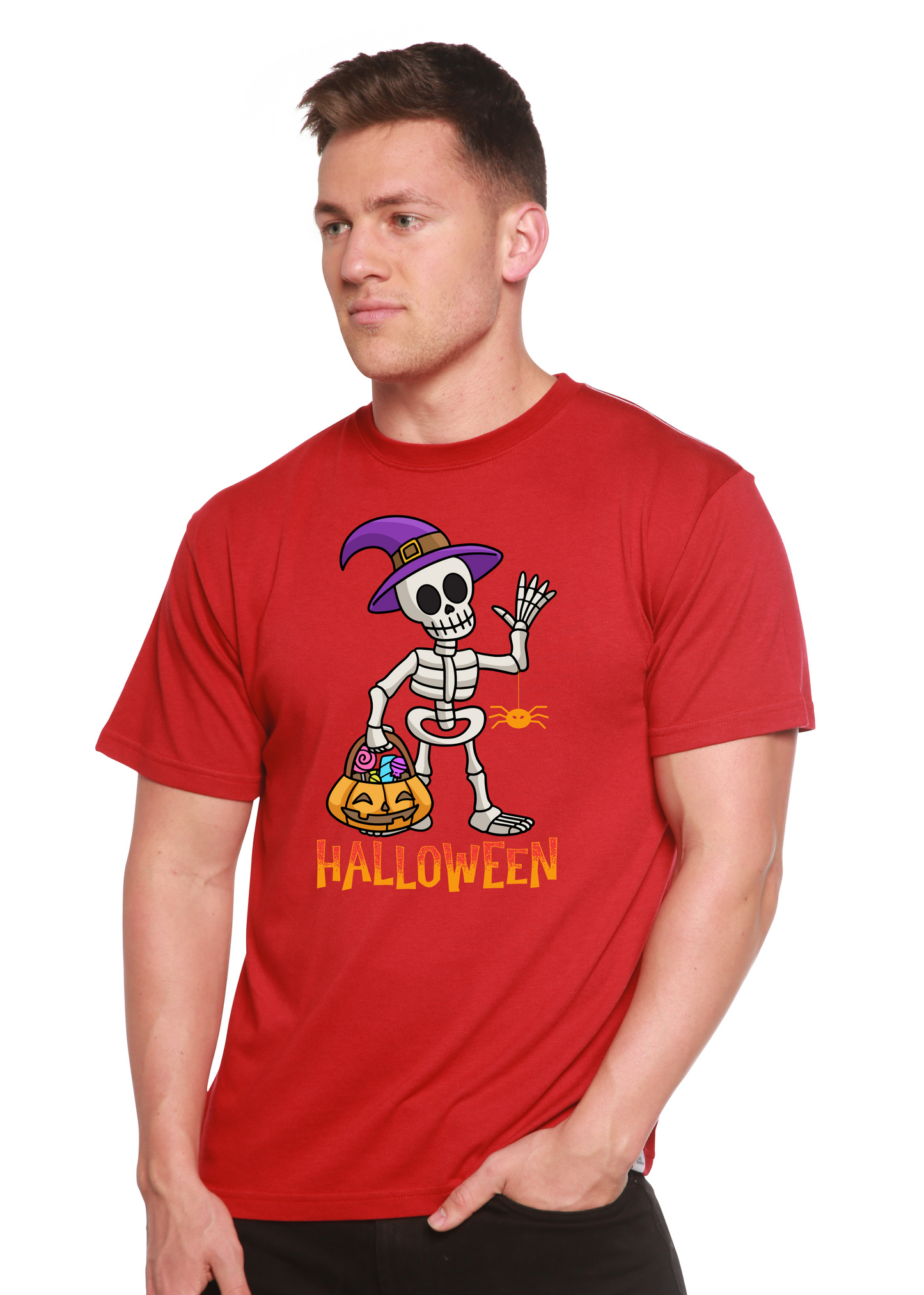 Unisex red graphic T-shirt with waving skeleton and HALLOWEEN lettering