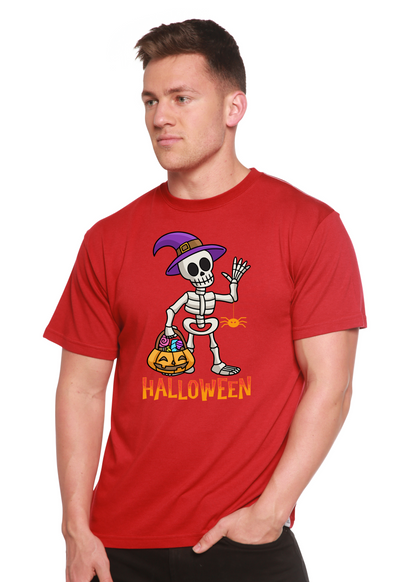 Unisex red graphic T-shirt with waving skeleton and HALLOWEEN lettering