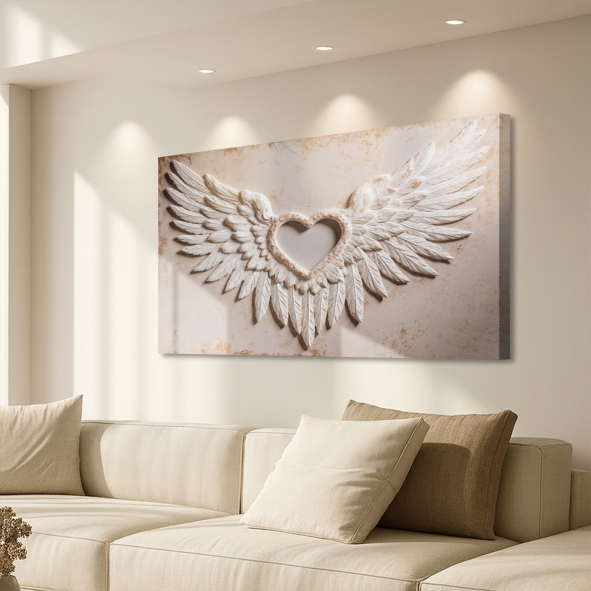 Abstract wall art canvas with white angel wings and centered heart
