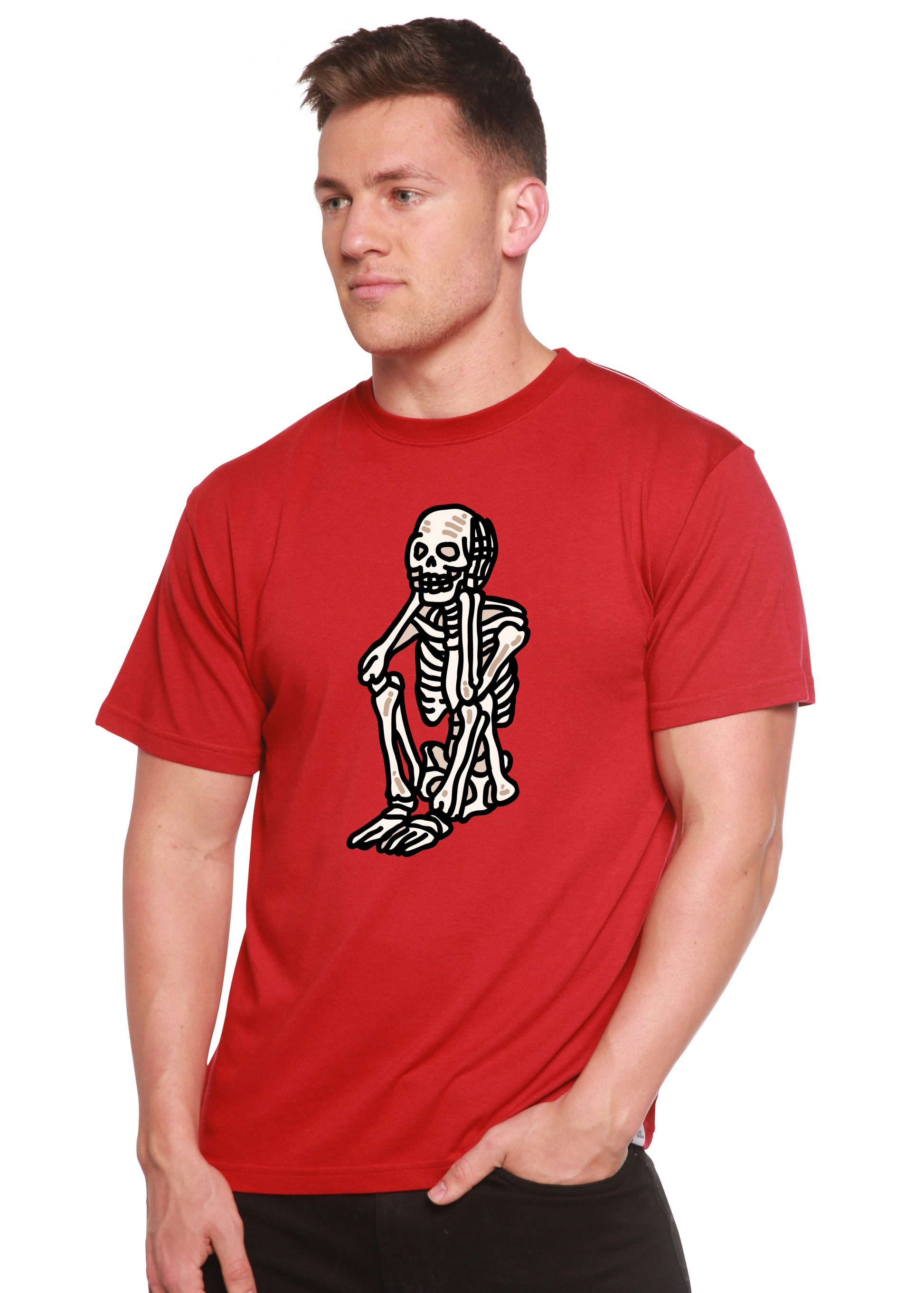 Unisex short-sleeve graphic T-shirt, red with black skeleton front print
