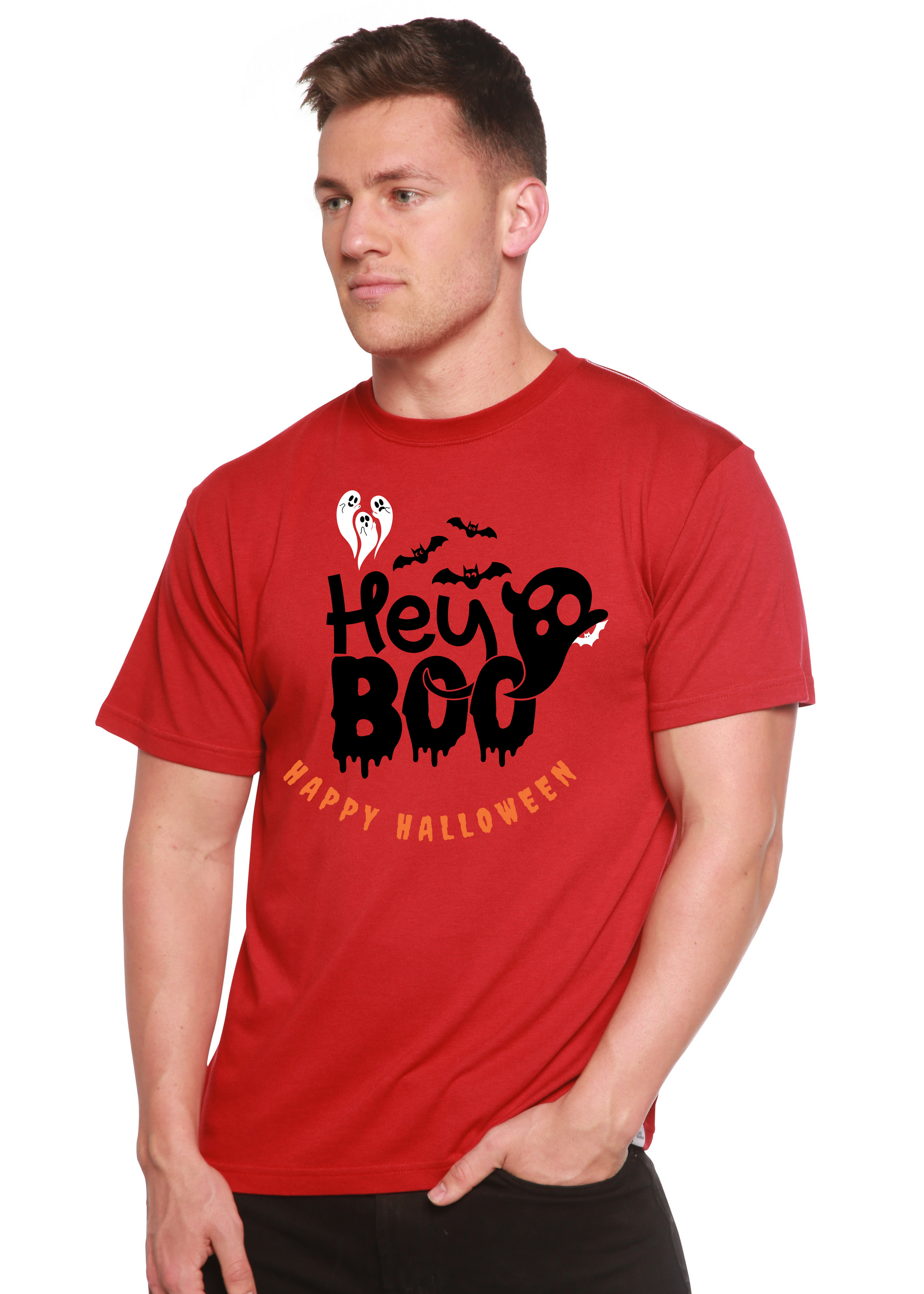 Men's red graphic T-shirt with 'Hey Boo' Halloween text and ghost/bat print
