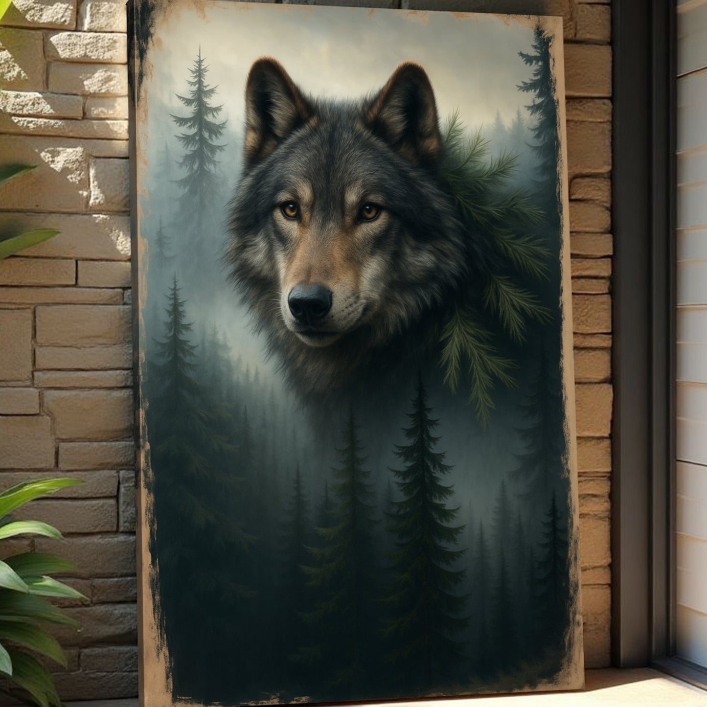 Framed wolf and pine forest double exposure wall art, close view