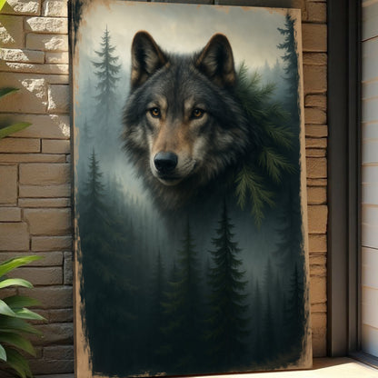 Framed wolf and pine forest double exposure wall art, close view