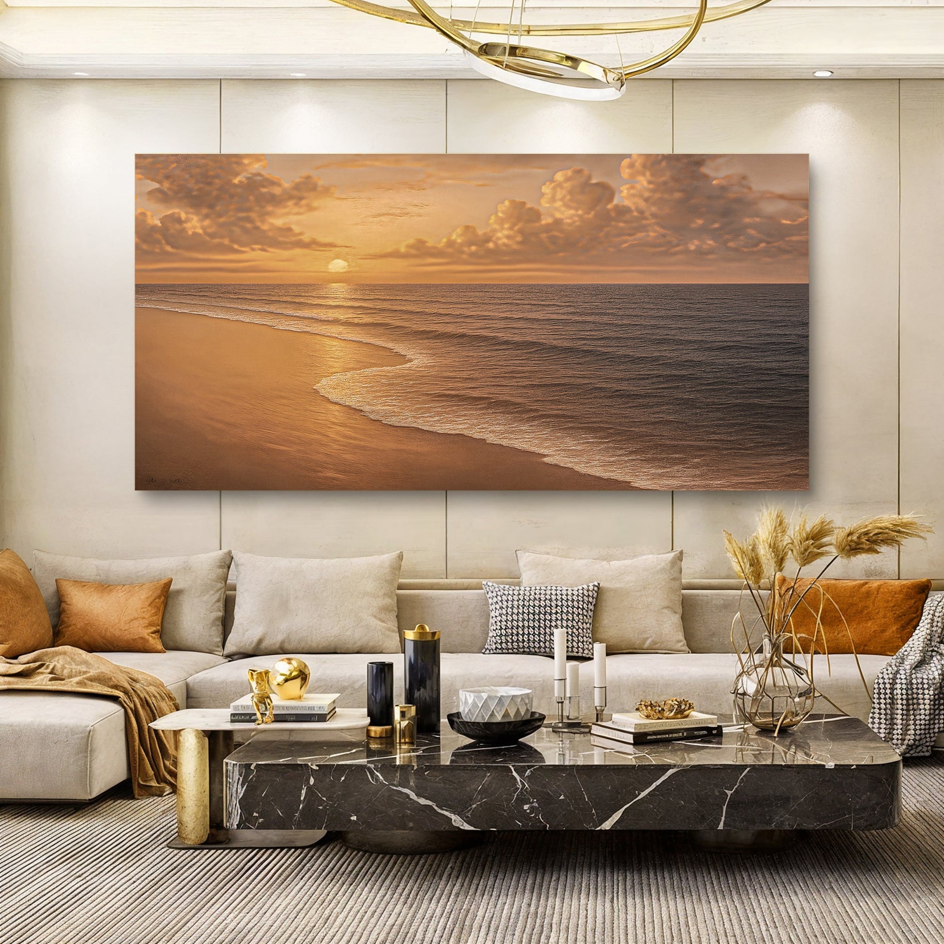 Coastal beach wall art canvas showing sunlit ocean waves and sandy beach