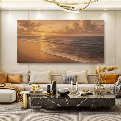Coastal beach wall art canvas showing sunlit ocean waves and sandy beach