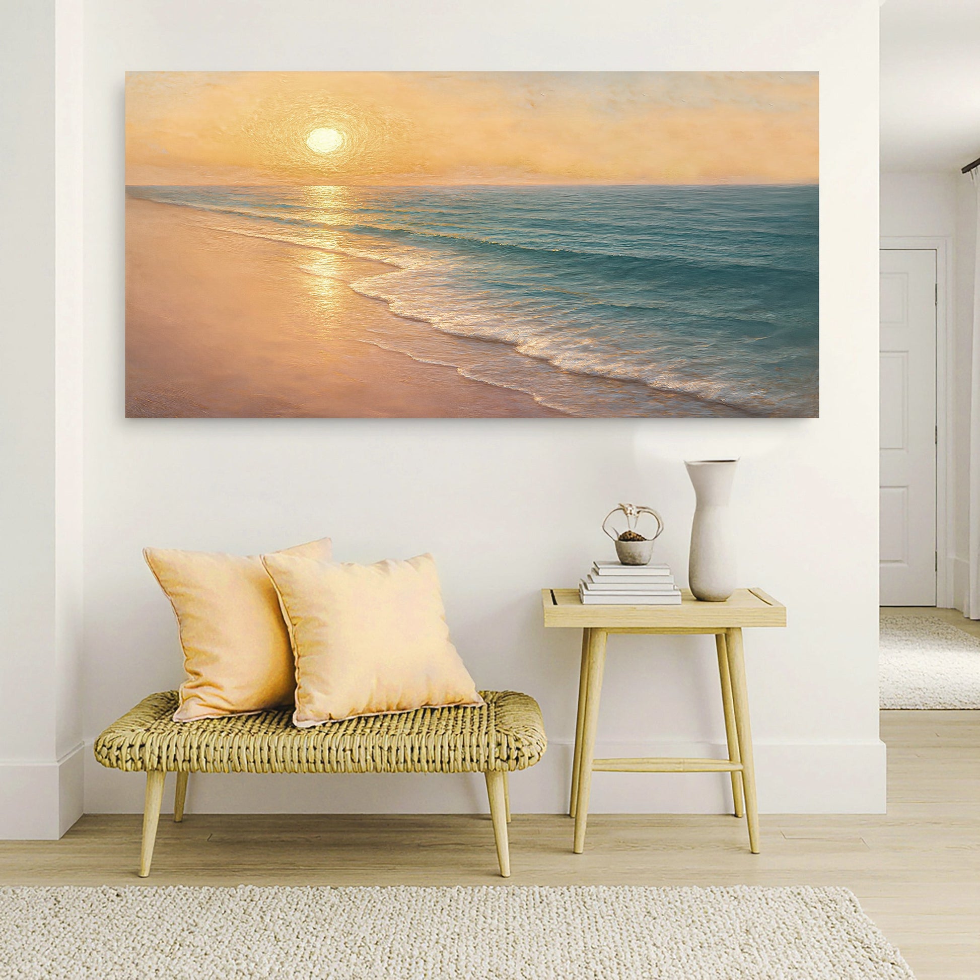 Coastal beach wall art with golden sunrise, ocean waves, and sandy shoreline on canvas.