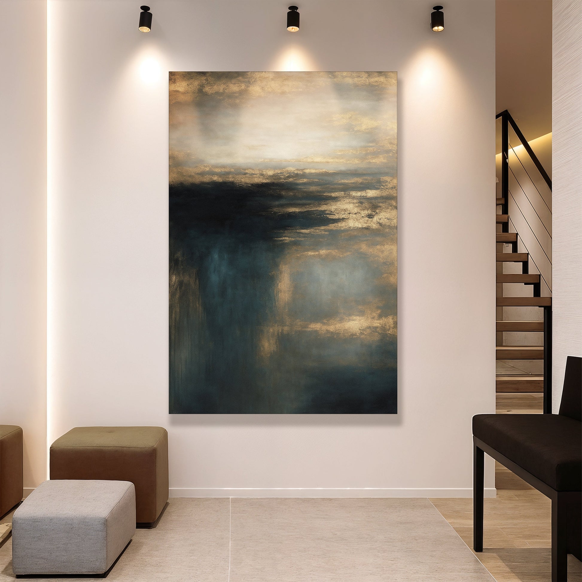 Vertical abstract landscape wall art canvas with dark blues and golden cloud highlights