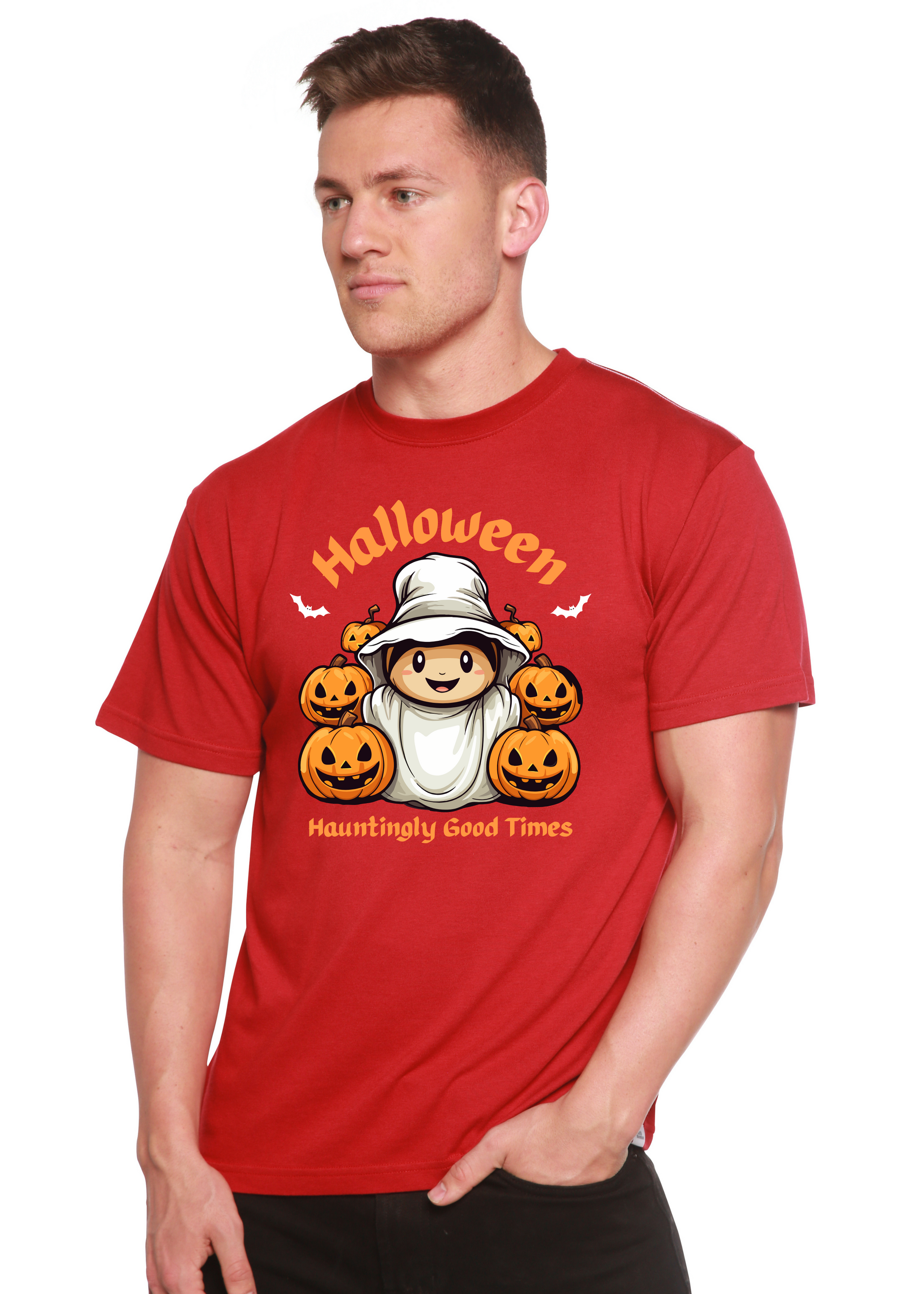 Men's red Halloween graphic short sleeve T-shirt with pumpkins and ghost illustration