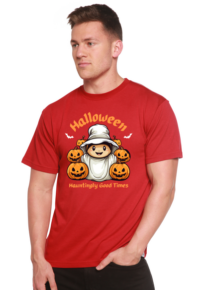 Men's red Halloween graphic short sleeve T-shirt with pumpkins and ghost illustration