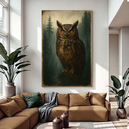 Owl wall art canvas above sofa, dark owl with forest trees in a mural