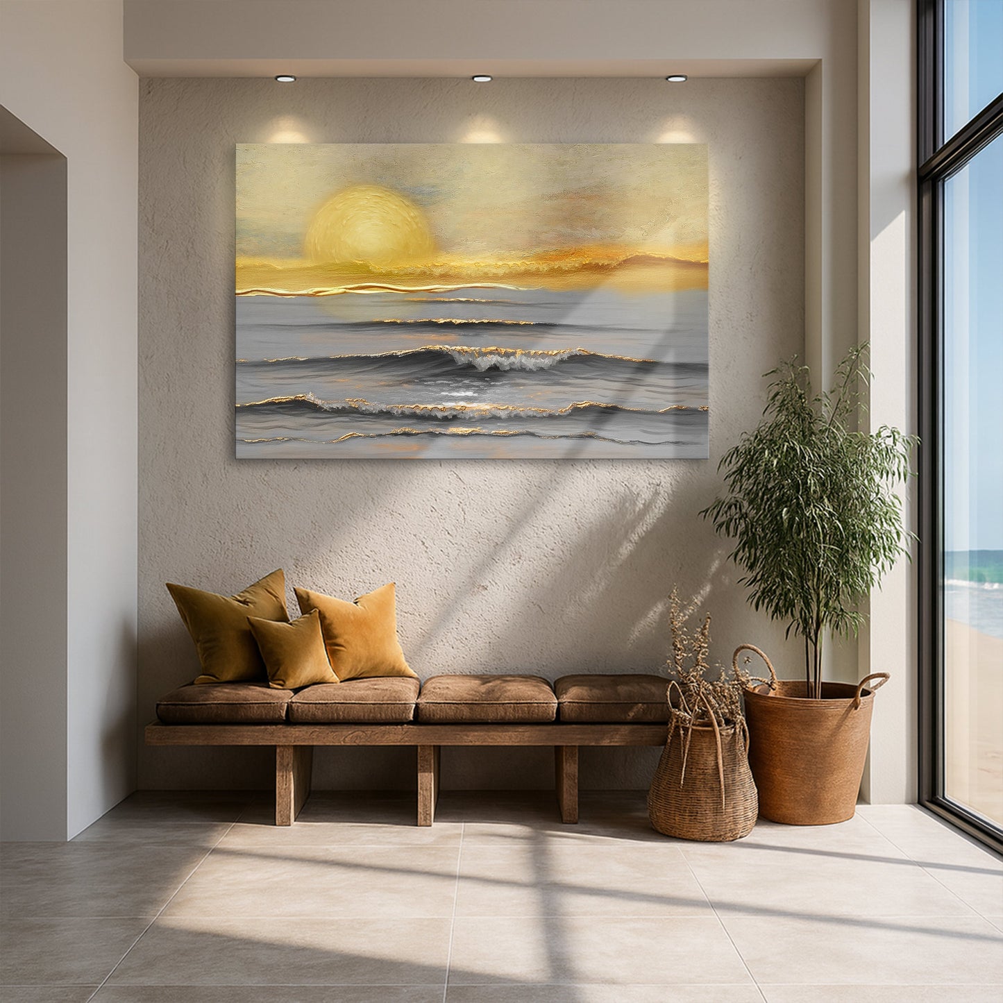 Ocean wall art canvas with yellow sun over calm gray waves and a golden sky