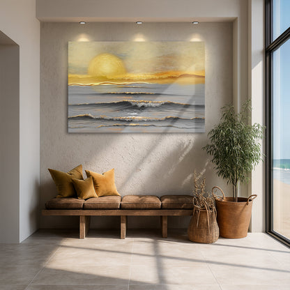Ocean wall art canvas with yellow sun over calm gray waves and a golden sky