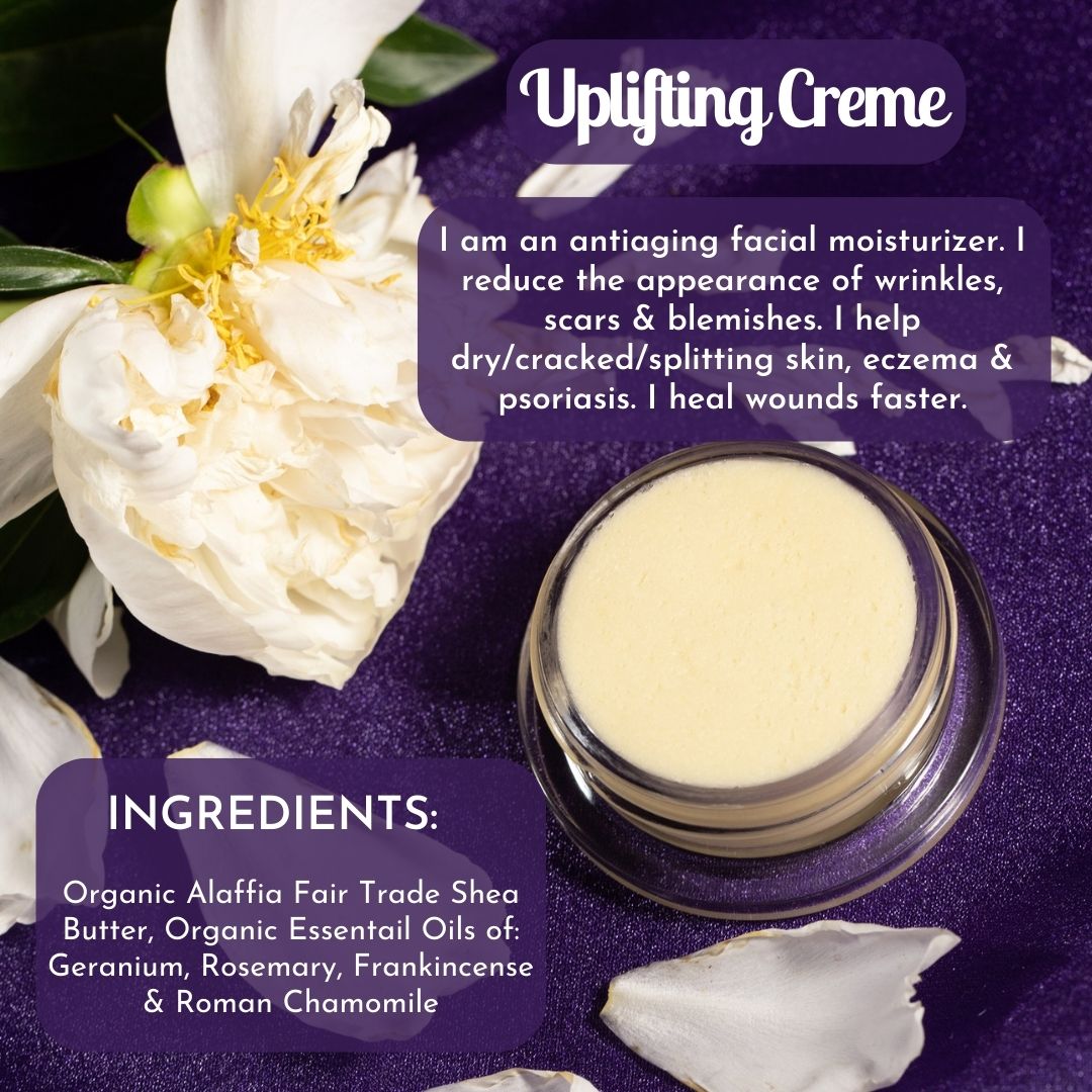 Uplifting Creme jar with open lid and ingredients text panel on top