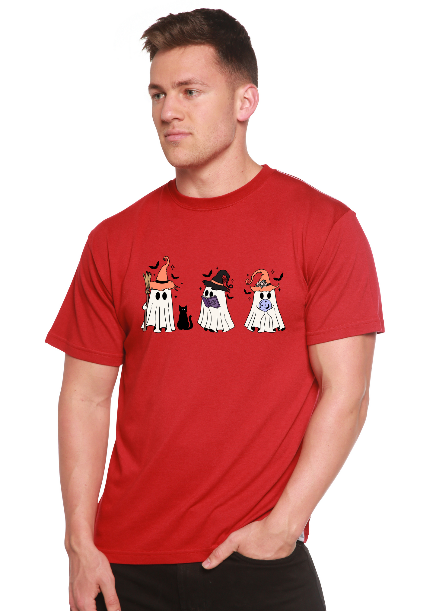 Men's short-sleeve T-shirt in red with cartoon Halloween costume graphic across chest