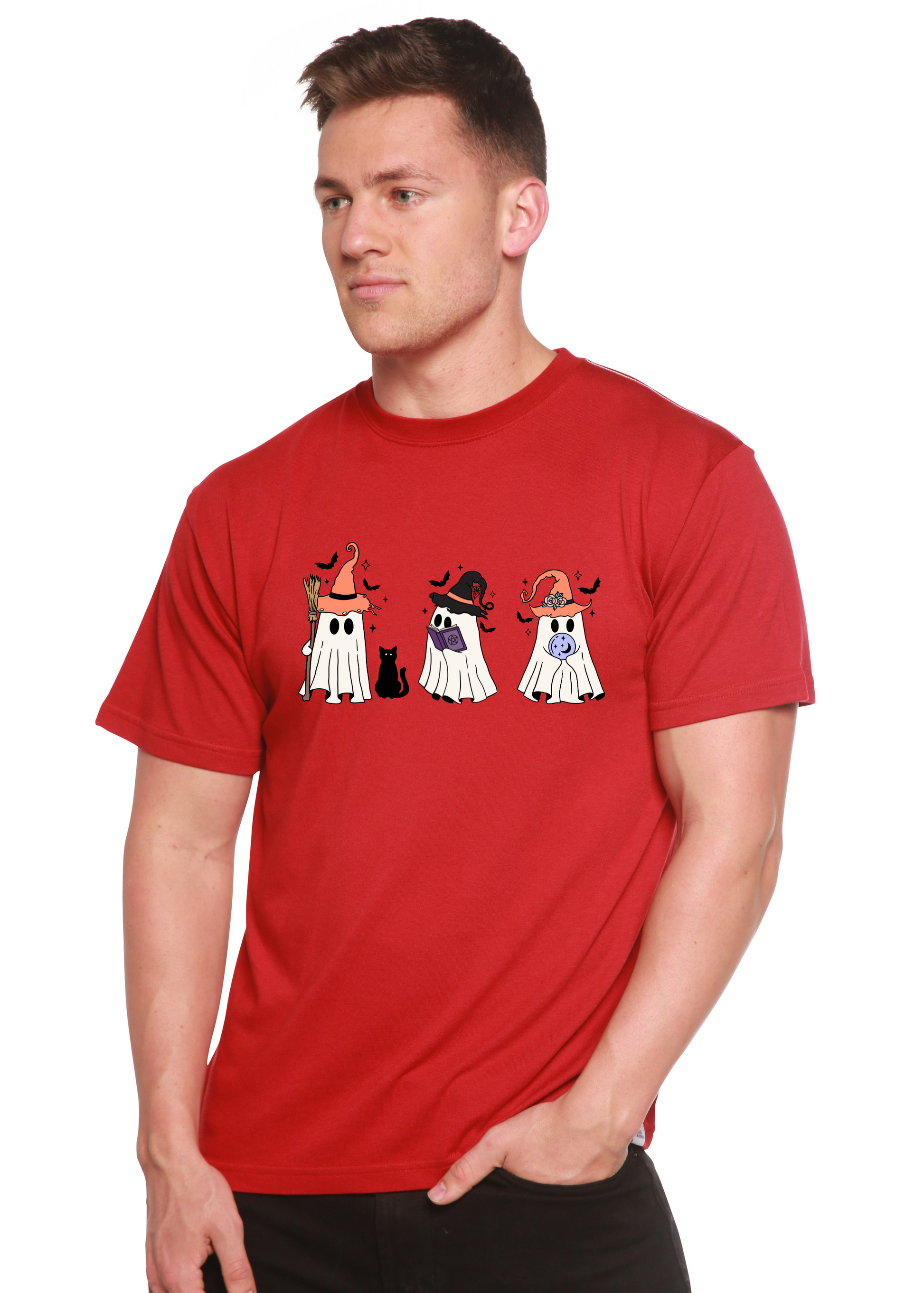Men's short-sleeve T-shirt in red with cartoon Halloween costume graphic across chest
