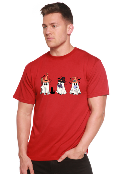 Men's short-sleeve T-shirt in red with cartoon Halloween costume graphic across chest