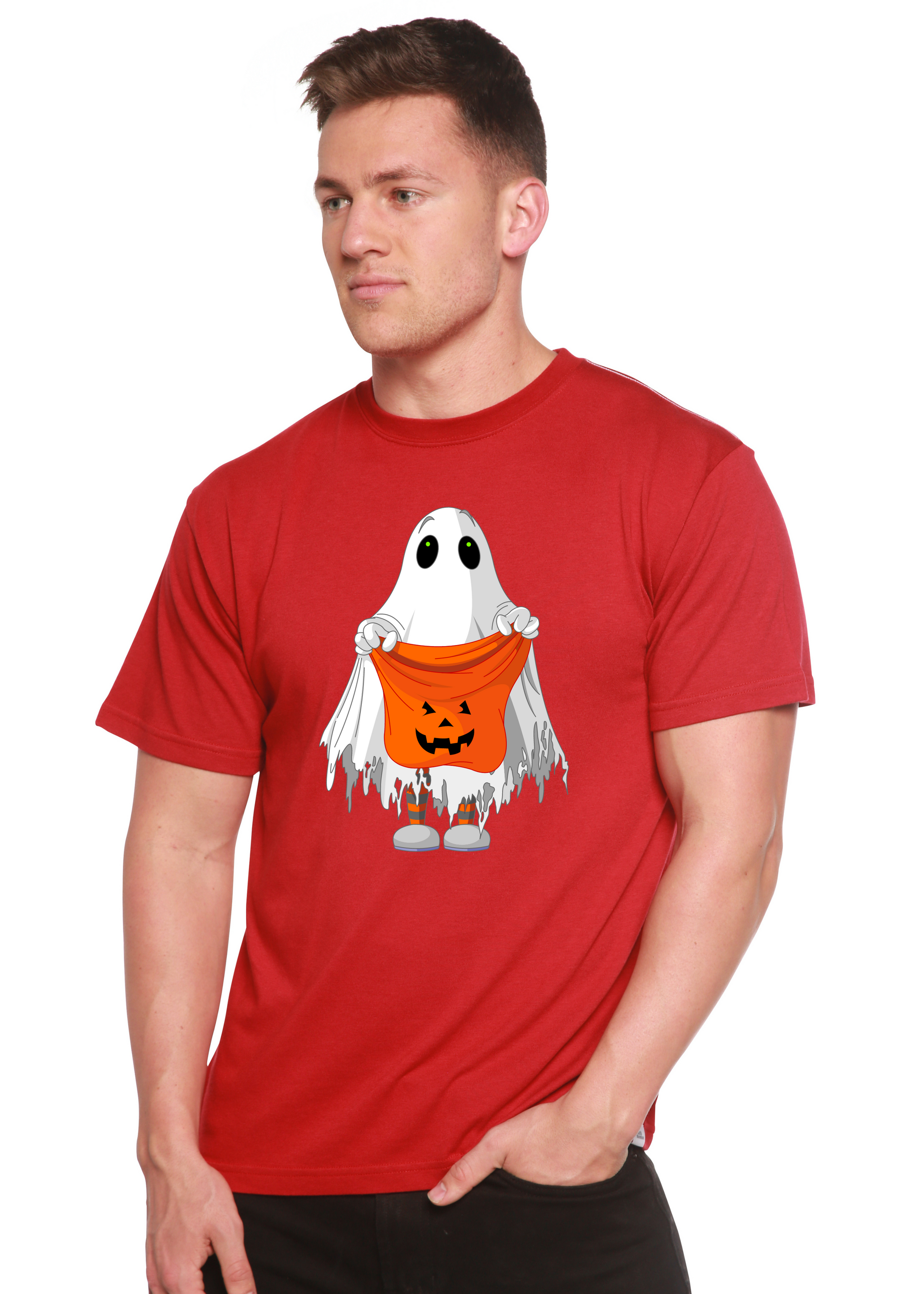 Men's red short-sleeve graphic t-shirt with ghost holding orange jack-o'-lantern bucket