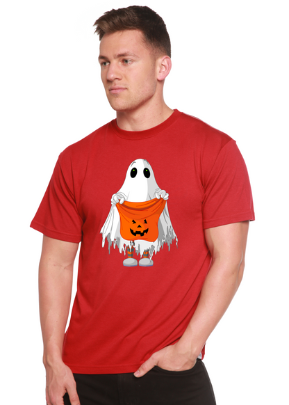 Men's red short-sleeve graphic t-shirt with ghost holding orange jack-o'-lantern bucket
