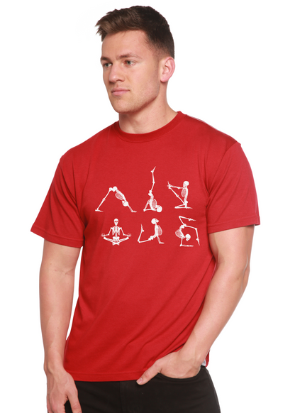 Men's red short sleeve graphic t-shirt with white skeleton yoga artwork