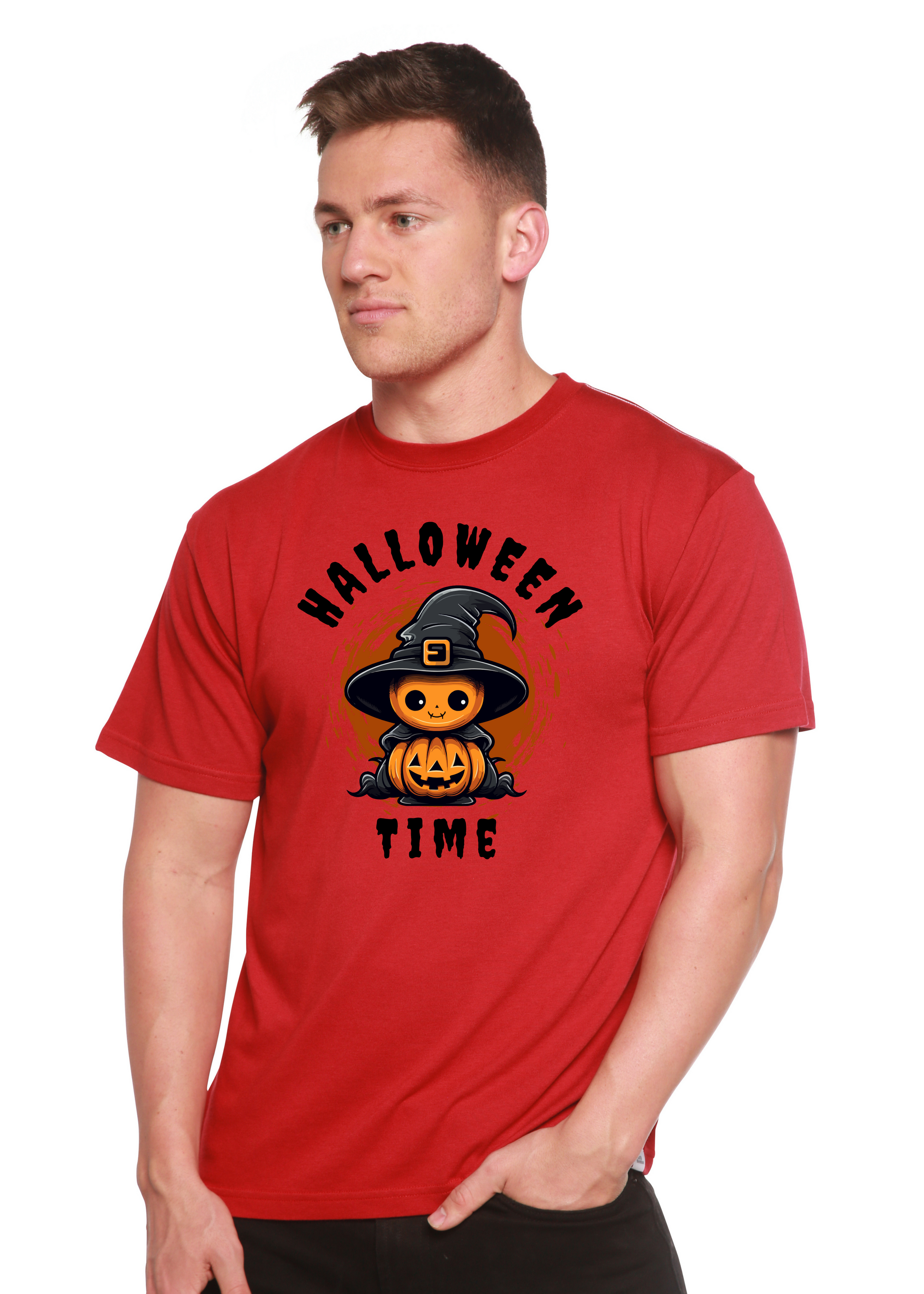 Red unisex short-sleeve T-shirt with Halloween Time witch-and-pumpkin graphic on chest