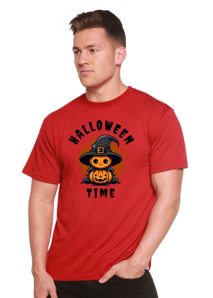 Red unisex short-sleeve T-shirt with Halloween Time witch-and-pumpkin graphic on chest