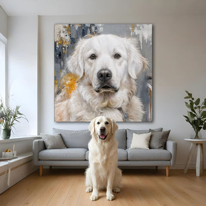White dog portrait canvas with blue and gold abstract splatter design