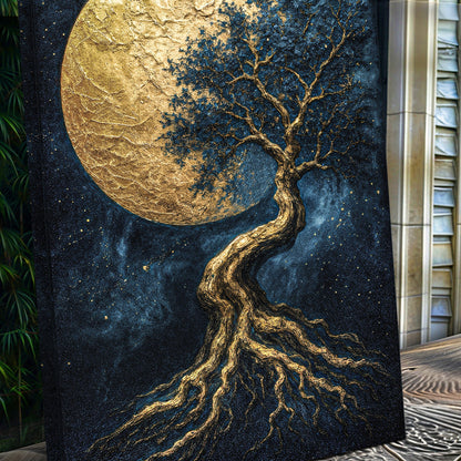 Tree of Life wall art close-up: gold moon, blue speckled sky, golden textured tree