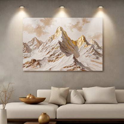Mountain peaks canvas wall art with snowy slopes and gold-highlighted peaks