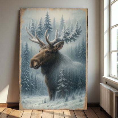 Moose double-exposure wall art canvas with blue pine trees and snowy misty forest