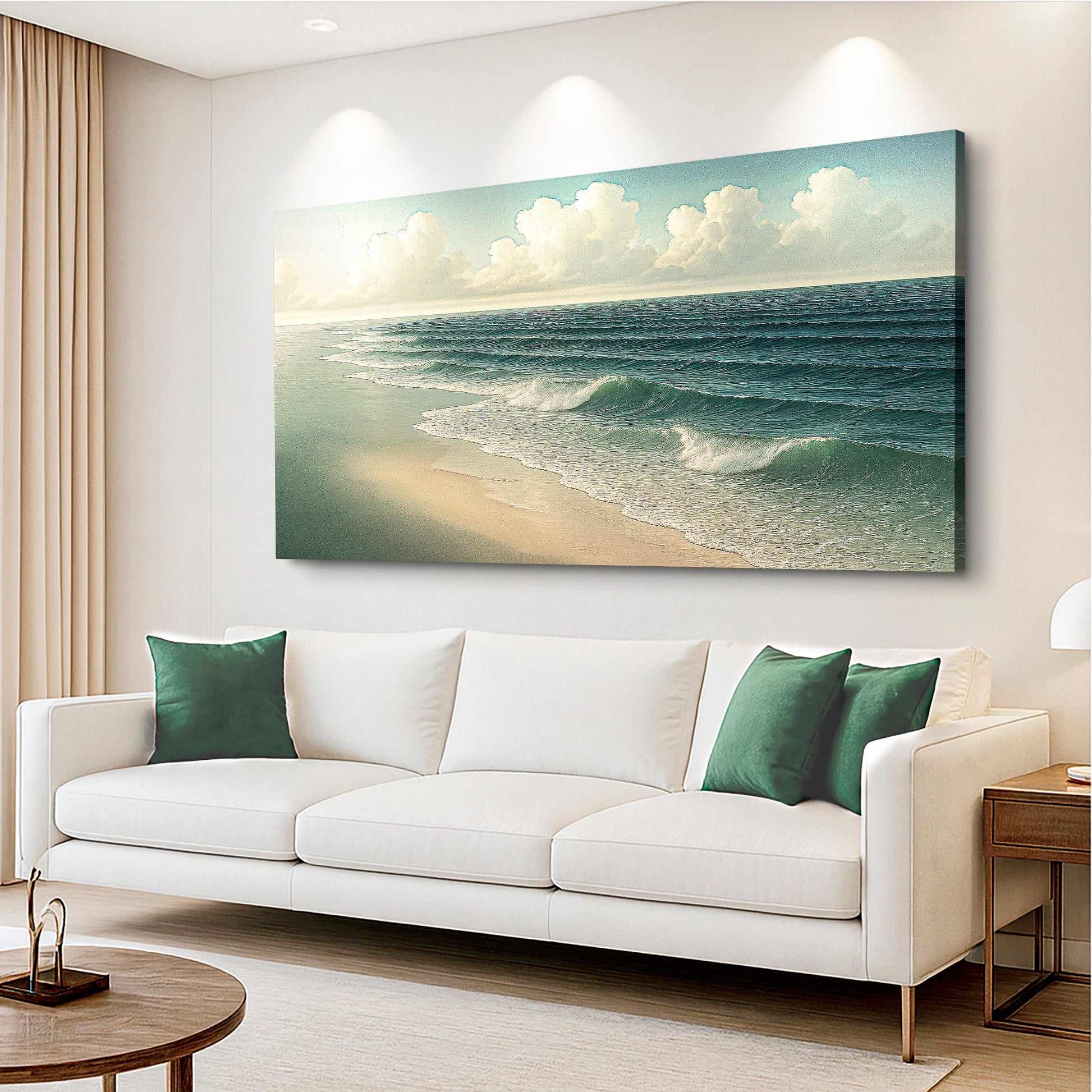 Beach shoreline canvas wall art with shoreline waves, soft sand, and blue-tinted sky