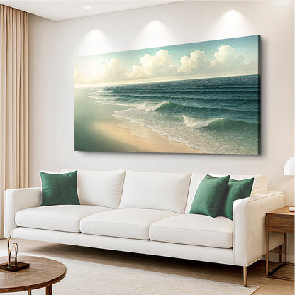 Beach shoreline canvas wall art with shoreline waves, soft sand, and blue-tinted sky