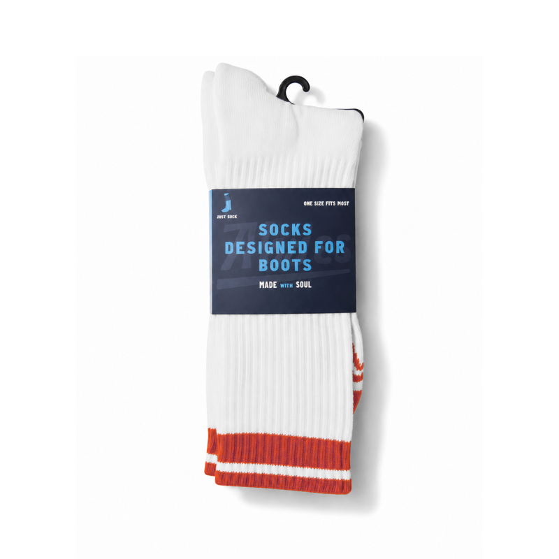 White boot socks with red-striped cuff and red toe accents, on hang tag