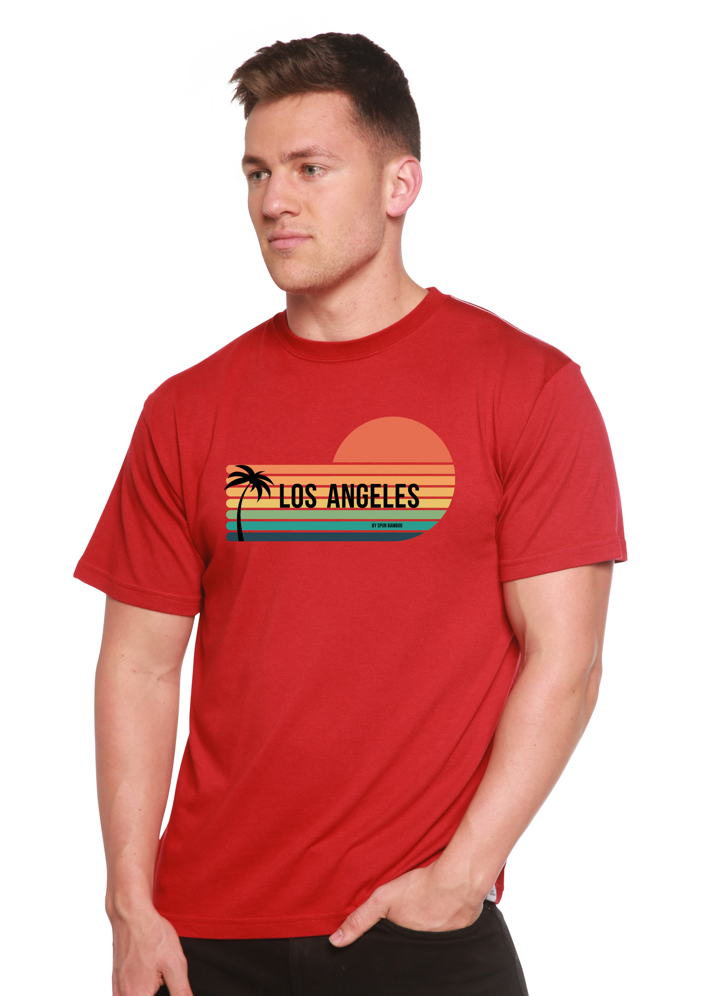 Unisex short-sleeve graphic T-shirt in red with Los Angeles sunset palm print