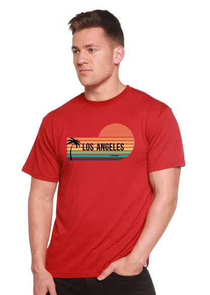 Unisex short-sleeve graphic T-shirt in red with Los Angeles sunset palm print
