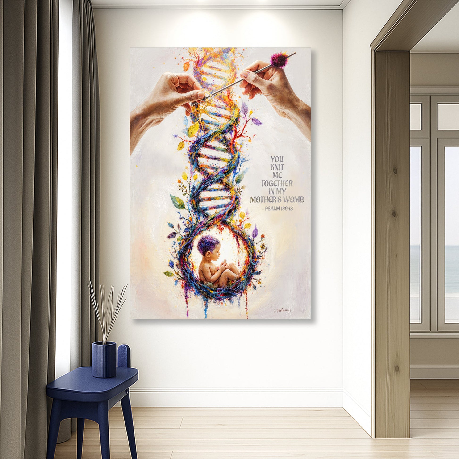Psalm 139 knit-themed wall art canvas with hands knitting multicolor DNA and baby