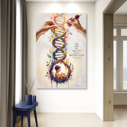 Psalm 139 knit-themed wall art canvas with hands knitting multicolor DNA and baby
