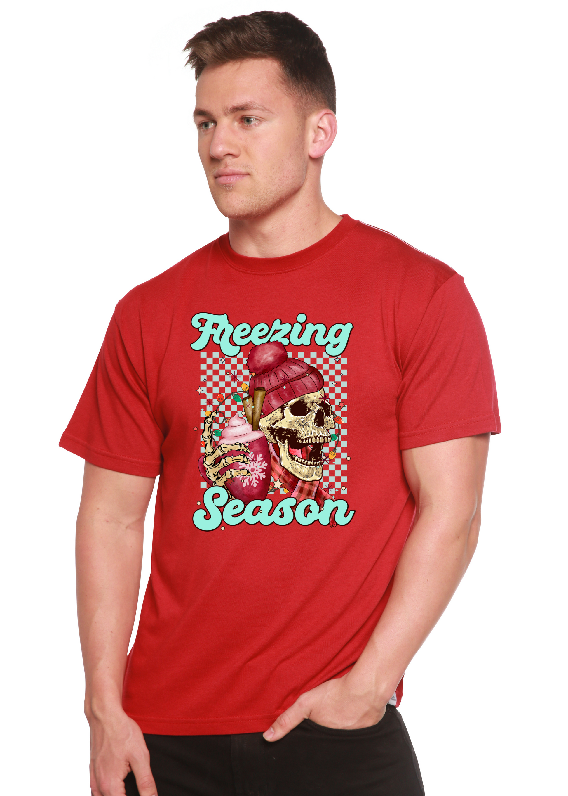 Red short sleeve T-shirt with “Freezing Season” skull graphic in center.