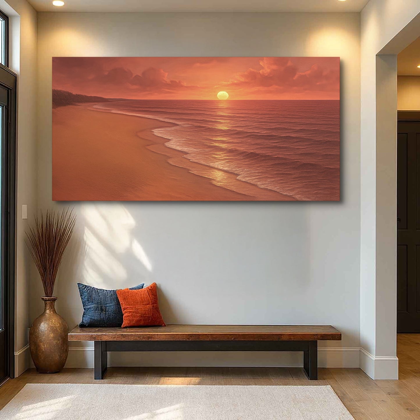 Beach shoreline wall art canvas with orange sunset light, ocean horizon, and sandy shore.