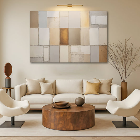 Geometric patchwork wall art with beige, gray, and warm gold square blocks