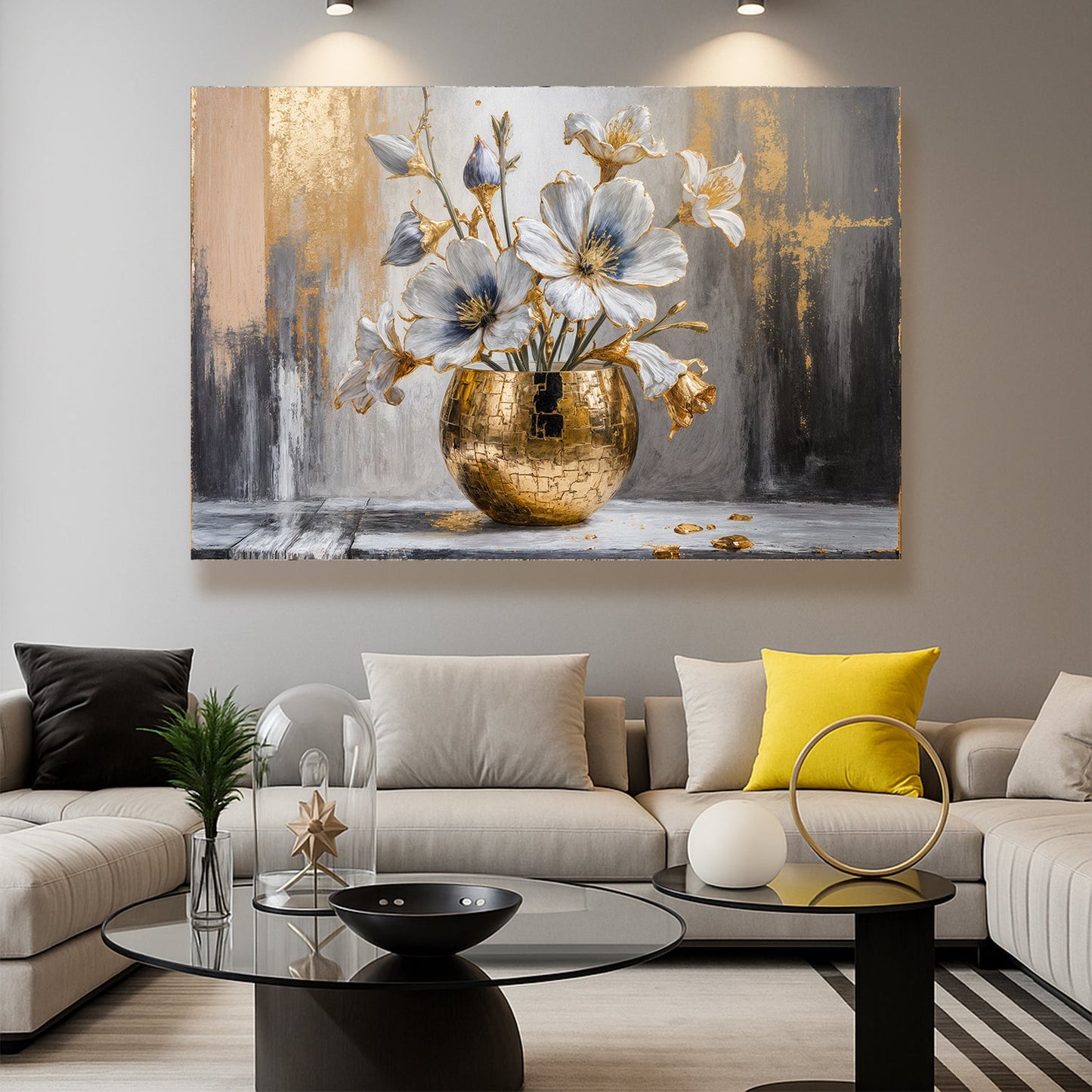 Abstract floral wall art with blue blossoms and gold vase over gray and gold textured strokes