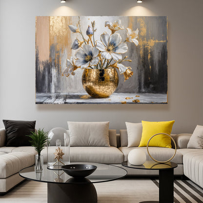 Abstract floral wall art with blue blossoms and gold vase over gray and gold textured strokes
