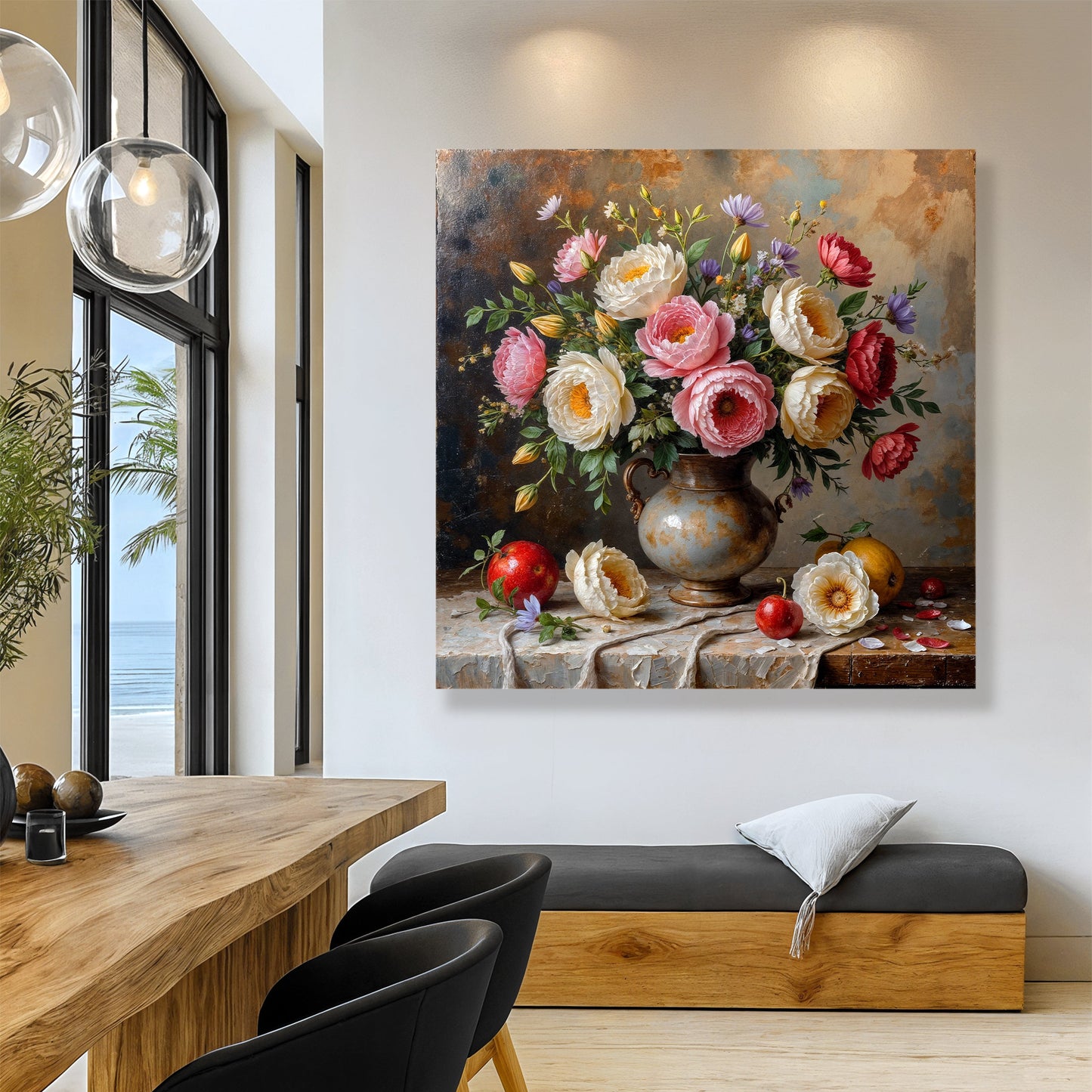 Floral vase wall art with pink and white blooms in a bronze urn on a stone ledge