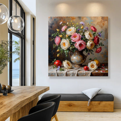 Floral vase wall art with pink and white blooms in a bronze urn on a stone ledge