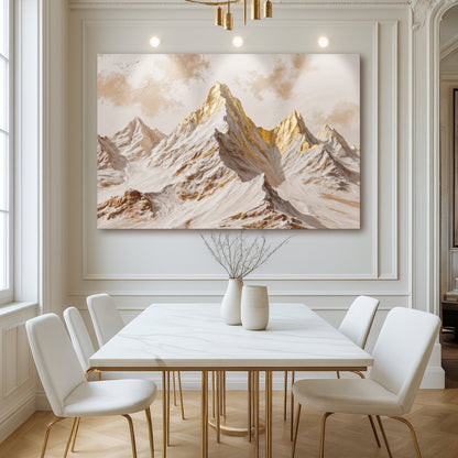 Snowy mountain peaks wall canvas with golden summit highlights in landscape