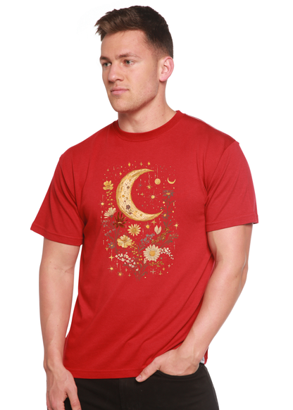 Red unisex T-shirt with crescent moon and floral boho graphic on front