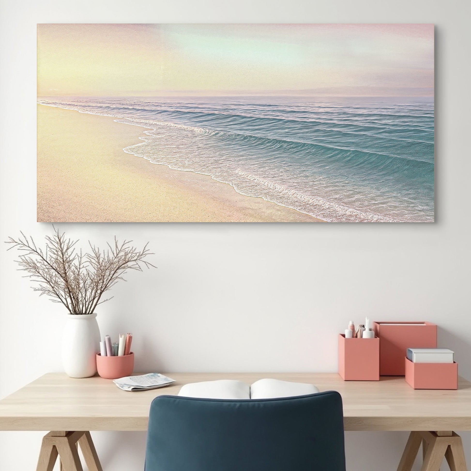 Coastal beach wall art canvas with shoreline waves in teal and sand tones